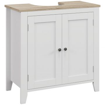 Dulap sub Chiuveta Baie in forma de U cu Raft Reglabil la Interior, din MDF, 60x30x60 cm, Alb si Lemn Natur