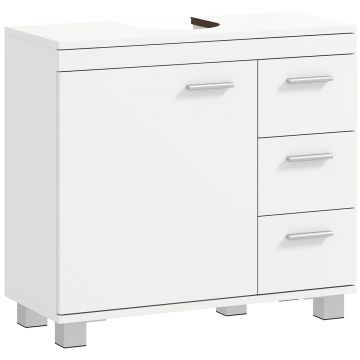 Dulap Sub Lavoar pentru Baie cu Usa Amortizata si 3 Sertare, Decupaj in Forma de U si Rafturi, Dulap Modern si Compact pentru Lavoare cu Piedestal sau