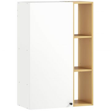 Dulap Suspendat pentru Baie cu Rafturi Reglabile si 3 Polite Deschise, 59,5x30x90 cm, Alb si Lemn