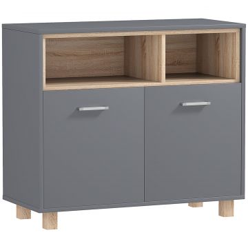 Mobilier de Baie cu Rafturi Deschise si Dulapior cu 2 Usi, Dulap de Baie Spatios cu Manere, 80x35x70 cm, Gri
