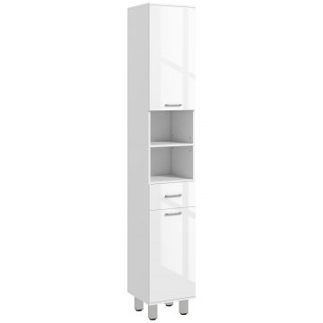 Mobilier pentru Baie cu 1 Sertar 3 Rafturi Ajustabile si 2 Dulapuri, 30x30x180 cm, Alb Lucios