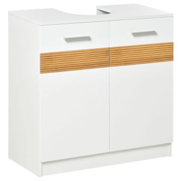 Mobilier Sub Chiuveta Baie, Mobilier Baie Sub Chiuveta cu Usi din MDF si Bambus, 60x30x60,5cm, Alb