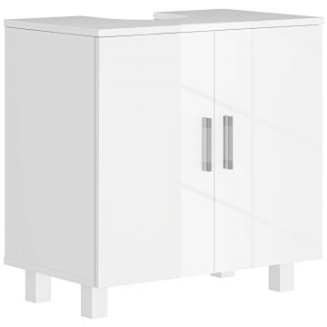 Mobilier Sub Chiuveta pentru Baie cu 2 Usi, Raft Central, Maner si Picioare Antiderapante, 60x35x60 cm, Alb Lucios