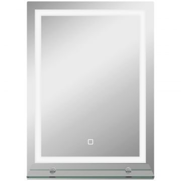 Oglinda de baie cu lumini LED reglabila in 3 culori, cu raft din sticla, 50x12x70 cm, argintiu