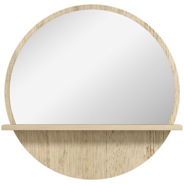 Oglinda de Baie Rotunda din PAL si Sticla cu Raft pentru Depozitare si 2 Carlige pentru Fixare, O45x10 cm, Lemn Natural