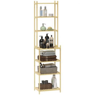 Raft Mobil pentru Baie cu 7 Polite, Depozitare si Organizare, Dulap din Bambus, 44x33x180 cm, Culoare Lemn