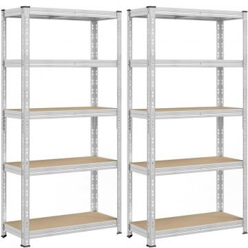 Set 2 rafturi metalice depozitare, 5 niveluri, reglabile, polite MDF, 875 kg, 40x90x180 cm, argintiu
