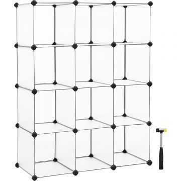 Biblioteca modulara cu 12 compartimente, rafturi cubice din plastic, montaj rapid, 93x31x123 cm, alb transparent