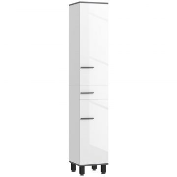 Coloana de Baie Moderna cu Sertar, 2 Dulapuri, 2 Usi si Rafturi Reglabile, Mobilier de Baie, 34x34x190 cm, Alb