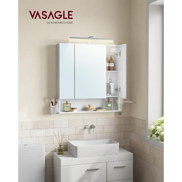 Dulap baie cu oglinda Vasagle, cu prize si USB, 70x16.5x75 cm, PAL/MDF/sticla, alb