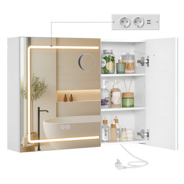 Dulap baie cu oglinda, Vasagle, iluminare LED, functie anti-aburire, prize, 80x16.5x75 cm, PAL/MDF, alb