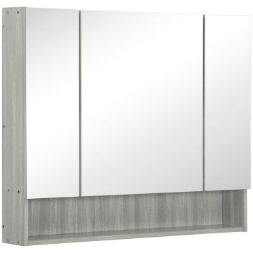Dulap cu Oglinda, 4 Sectiuni, cu Rafturi Reglabile, din Lemn si Sticla, 90x15x75 cm, Gri