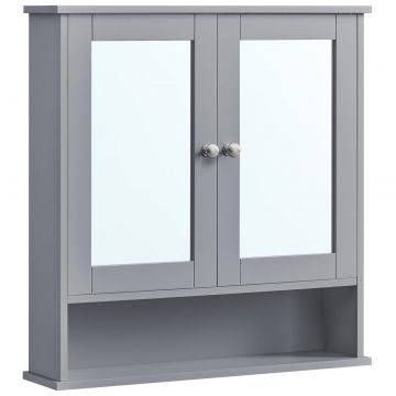 Dulap de baie de perete cu oglinda, 2 usi, compartiment deschis, rafturi reglabile, 13x56x58cm, gri