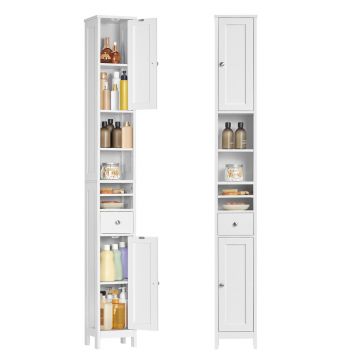 Dulap ingust pentru baie, Vasagle, cu sertar si rafturi reglabile, 21.4x19.5x180 cm, MDF, alb