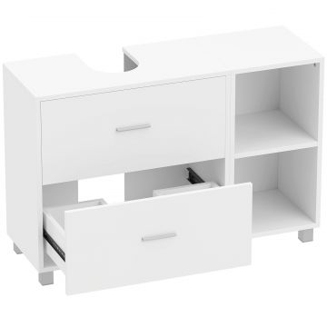 Dulap pentru baia de sub chiuveta, cu 2 sertare si rafturi deschise, din lemn, 90x30x60 cm, alb
