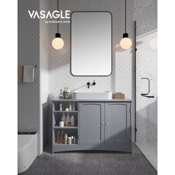 Dulap pentru baie / masca de lavoar Vasagle, cu raft deschis si dulap dublu, 90x30x60 cm, MDF, gri