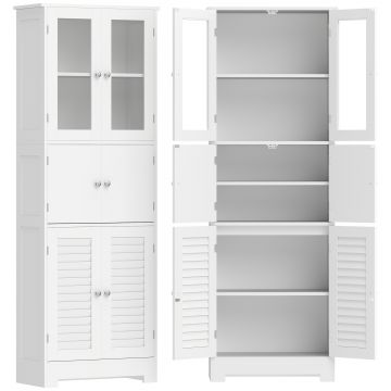HOMCOM Dulap înalt pentru baie, mobilier de depozitare cu 6 uși dintre care 2 vitrate și 2 tip persiană, raft reglabil, alb | Aosom Romania