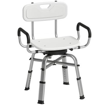 HOMCOM Scaun de Duș Rotativ Reglabil pe Înălțime cu Brațe, Spătar, Capacitate 150 kg, Alb | Aosom Romania