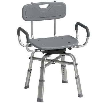 HOMCOM Scaun pentru duș rotativ cu înălțime reglabilă, cu cotiere, spătar, capacitate 150 kg, Gri | Aosom Romania
