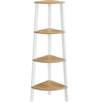 Raft colt 4 etaje cu picior reglabil si anti-basculare, cadru metal si polite PAL stejar natural, 34x34x125 cm, alb si maro