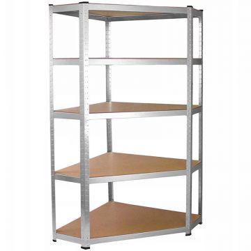 Raft depozitare metalic colt 5 niveluri cu polite MDF, structura otel galvanizat, 180x90x30 cm, argintiu