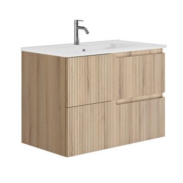 Set dulap baza suspendat Gala Canaletto 2 sertare 80 cm finisaj lemn bej si lavoar Luc alb