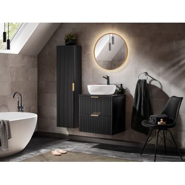 Set mobilier Adel Black Smile 60 cm, dulap inalt, masca cu lavoar si oglinda, Comad, MDF/PAL, negru
