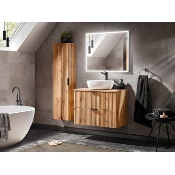 Set mobilier Adel Oak 60 cm, dulap inalt, masca cu lavoar si oglinda LED, Comad, MDF/PAL, stejar