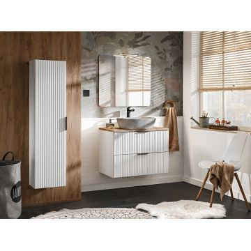 Set mobilier Adel White Anna 80 cm, dulap inalt, masca cu lavoar si oglinda cu LED, Comad, alb