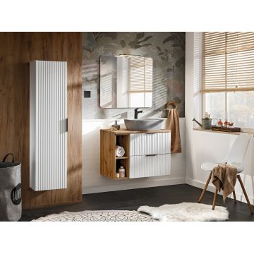 Set mobilier Adel White Wotan Anna, dulap inalt, masca cu lavoar si oglinda cu LED, Comad, alb/stejar