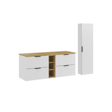 Set mobilier baie Adel White Artisan 140 cm HC, dulap inalt si masca dubla lavoar, Comad, MDF/PAL, alb mat/stejar