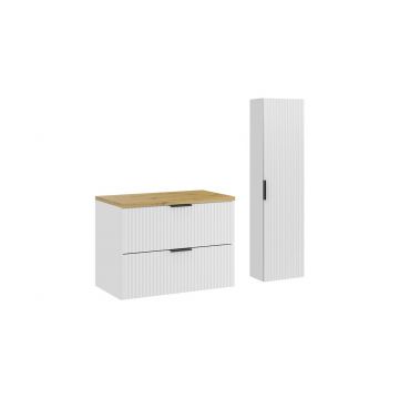 Set mobilier baie Adel White Artisan 80 cm HC, dulap inalt si masca lavoar, Comad, MDF/PAL, alb mat/stejar