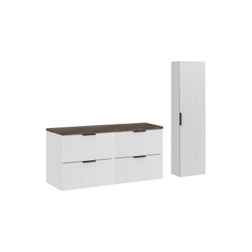 Set mobilier baie Adel White Vintage 120 cm HC, dulap inalt si masca dubla lavoar, Comad, MDF/PAL, alb mat/stejar vintage