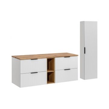 Set mobilier baie Adel White Wotan 140 cm HC, dulap inalt si masca dubla lavoar, Comad, MDF/PAL, alb mat/stejar