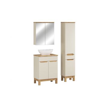 Set mobilier baie Bali Cashmere Wotan 60 cm, dulap inalt, masca cu lavoar si cabinet cu oglinda, Comad, MDF/PAL, casmir
