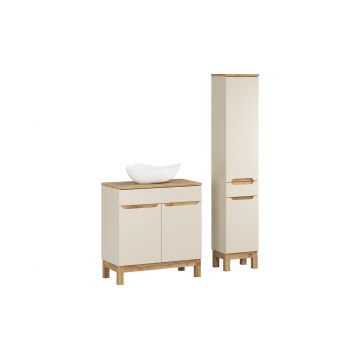 Set mobilier baie Bali Cashmere Wotan 80 cm HC LC, dulap inalt si masca cu lavoar, Comad, MDF/PAL, casmir
