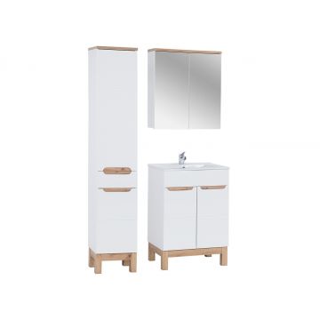 Set mobilier baie Bali White Lava 60 cm, dulap inalt, masca cu lavoar si cabinet cu oglinda, Comad, MDF/PAL, alb