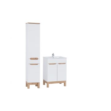 Set mobilier baie Bali White Lava 60 cm, dulap inalt si masca cu lavoar, Comad, MDF/PAL, alb