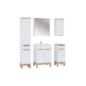 Set mobilier baie Bali White Lava 60 cm, dulapuri, masca cu lavoar si cabinet cu oglinda, Comad, MDF/PAL, alb