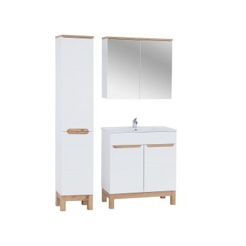 Set mobilier baie Bali White Lava 80 cm 804 841, dulap inalt, masca cu lavoar si cabinet cu oglinda, Comad, MDF/PAL, alb