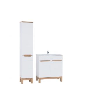 Set mobilier baie Bali White Lava 80 cm 804, dulap inalt si masca cu lavoar, Comad, MDF/PAL, alb