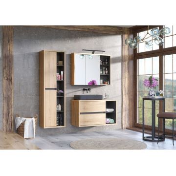Set mobilier baie Devon 100 cm, dulap inalt, masca cu lavoar si cabinet cu oglinda, Comad, PAL, stejar/negru