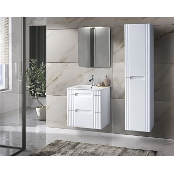 Set mobilier baie Fiji White 60 cm, dulap inalt, masca cu lavoar si oglinda, Comad, MDF/PAL, alb