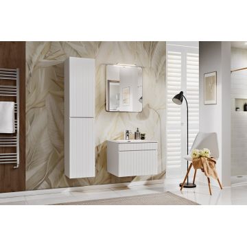 Set mobilier baie Iconic White 60 cm, dulap inalt, masca cu lavoar si oglinda cu lampa, Comad, MDF/PAL, alb