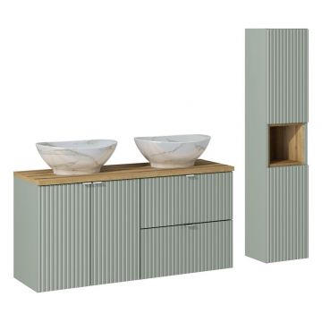 Set mobilier baie Line Reed Green 120 cm, dulap inalt si masca dubla cu lavoar, Comad, MDF/PAL, verde