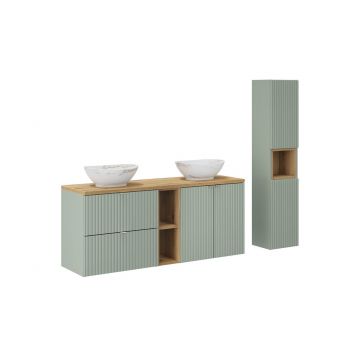 Set mobilier baie Line Reed Green 140 cm, dulap inalt si masca dubla cu lavoar, Comad, MDF/PAL, verde