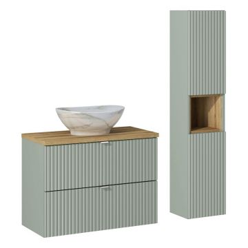 Set mobilier baie Line Reed Green 80 cm, dulap inalt si masca cu lavoar, Comad, MDF/PAL, verde