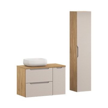 Set mobilier baie Luxor Beige 90 cm, dulap inalt si masca cu lavoar, Comad, MDF/PAL, bej