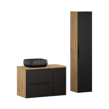 Set mobilier baie Luxor Black 90 cm, dulap inalt si masca cu lavoar, Comad, MDF/PAL, stejar/negru