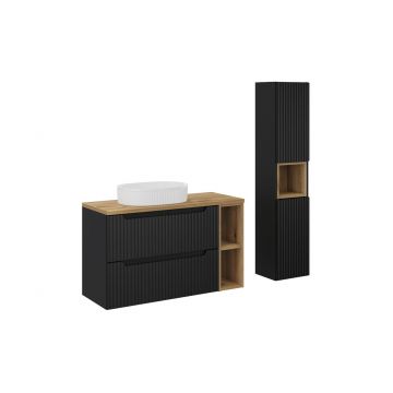 Set mobilier baie Nova Black Beyond 100 cm, dulap inalt si masca cu lavoar, Comad, MDF/PAL, negru/stejar